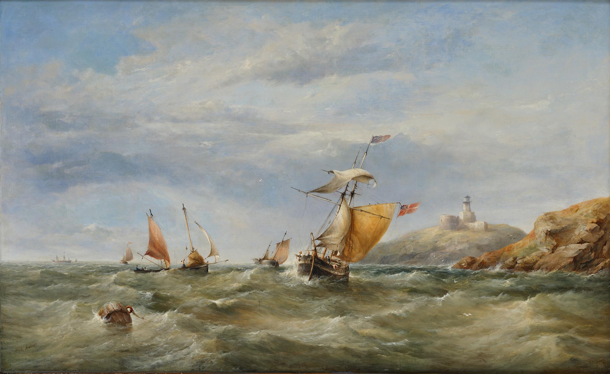 James Edwin Meadows, Sailing boats in rough weather by the coast with a lighthouse.