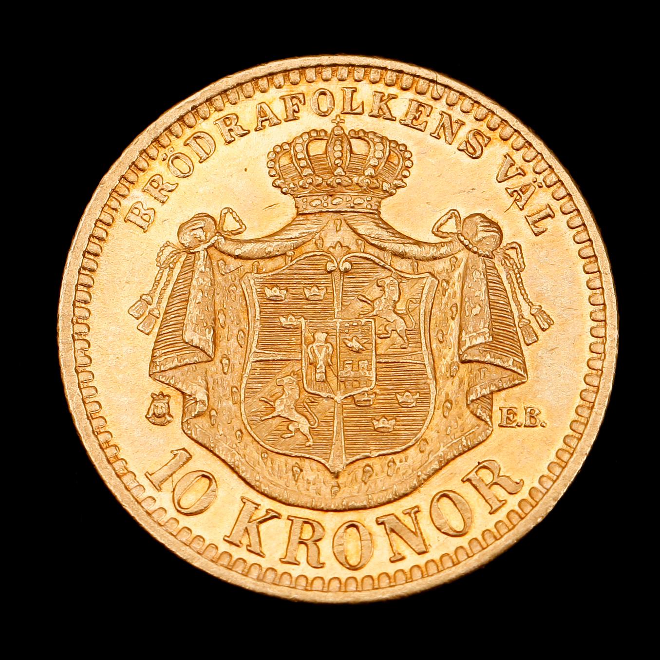 GULDMYNT, 10 kr, Oscar II, 1894. Vikt ca 4 g.