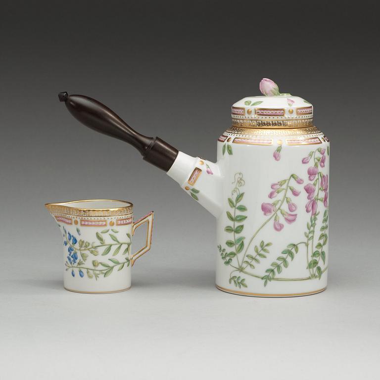 A Royal Copenhagen 'Flora Danica' coffee pot with cover and a creamer, Denmark, 20th Century.