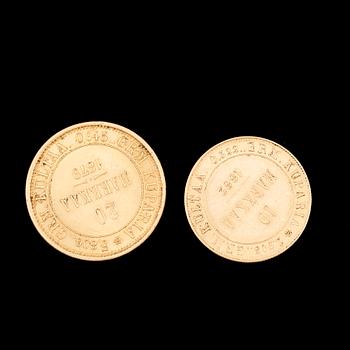 GULDMYNT, 2 st, 20 resp 10 Mark, Finland 1879 resp 1882. Tot ca 9 gram.