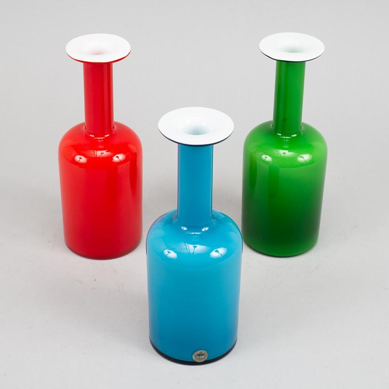 Otto Brauer, three glass vases with glass balls by Michael Bang. Holmegaard 1960s.