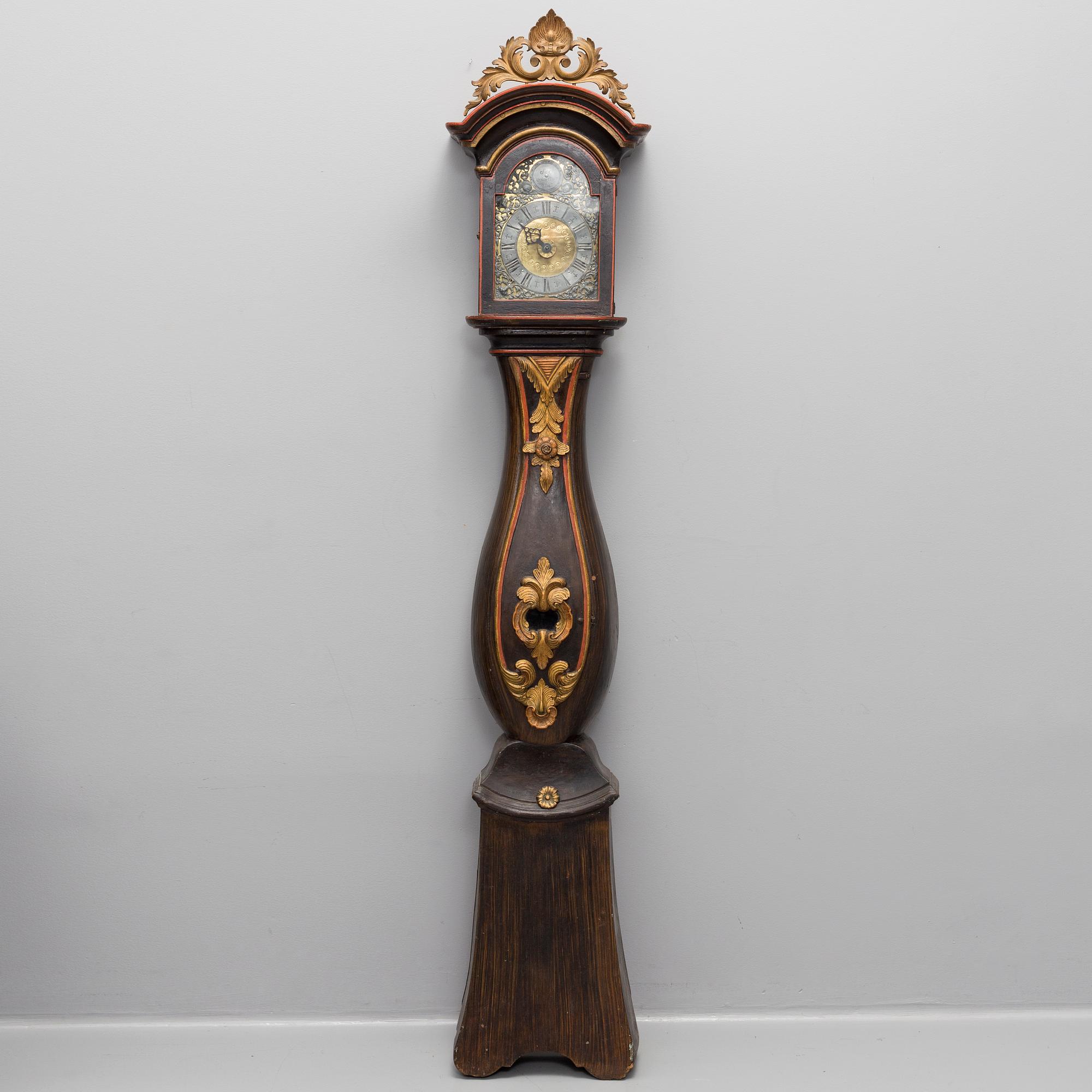 A grandfather clock by Kougsta workshop, Häggenås, Jämtland, early 19th century.
