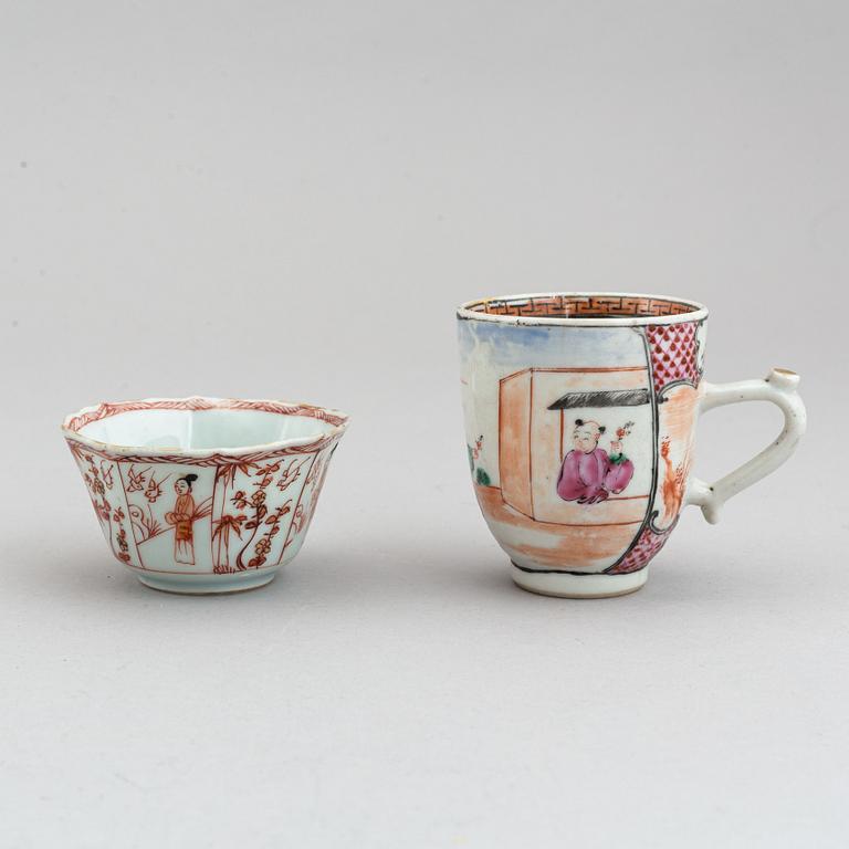 A group of four different cups with 2 odd dishes, Qing dynasty, Kangxi and Qianlong (1736-95).