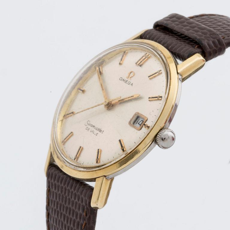 WRISTWATCH, OMEGA, Seamaster DE VILLE, 35 mm, 18K gold and steel, manual, date, leather strap, original box.