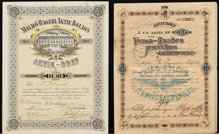 AKTIEBREV, två st, omkring 1898 resp 1901.