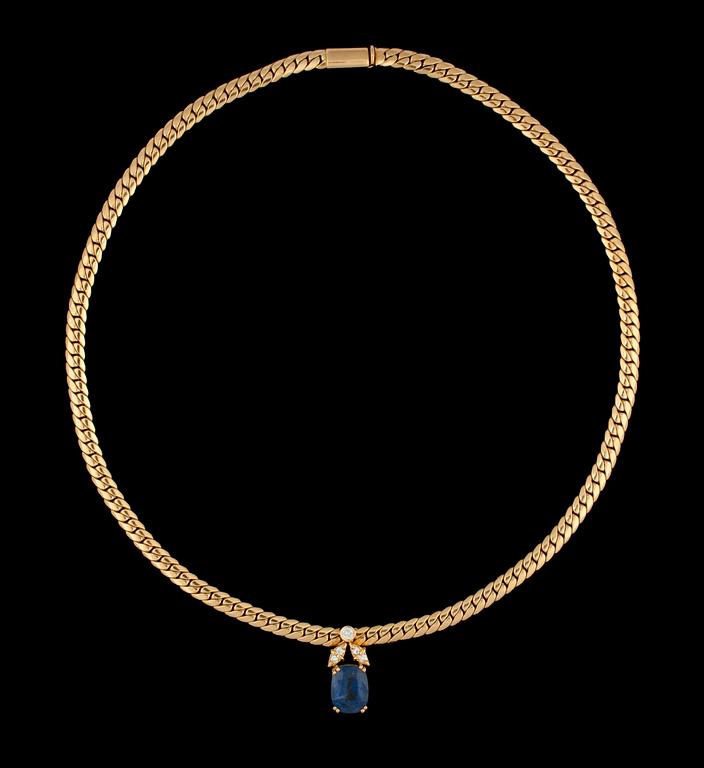 A blue sapphire, circa 6.00 cts, and brilliant-cut diamond pendant. Diamond total carat weight circa 0.20 ct.