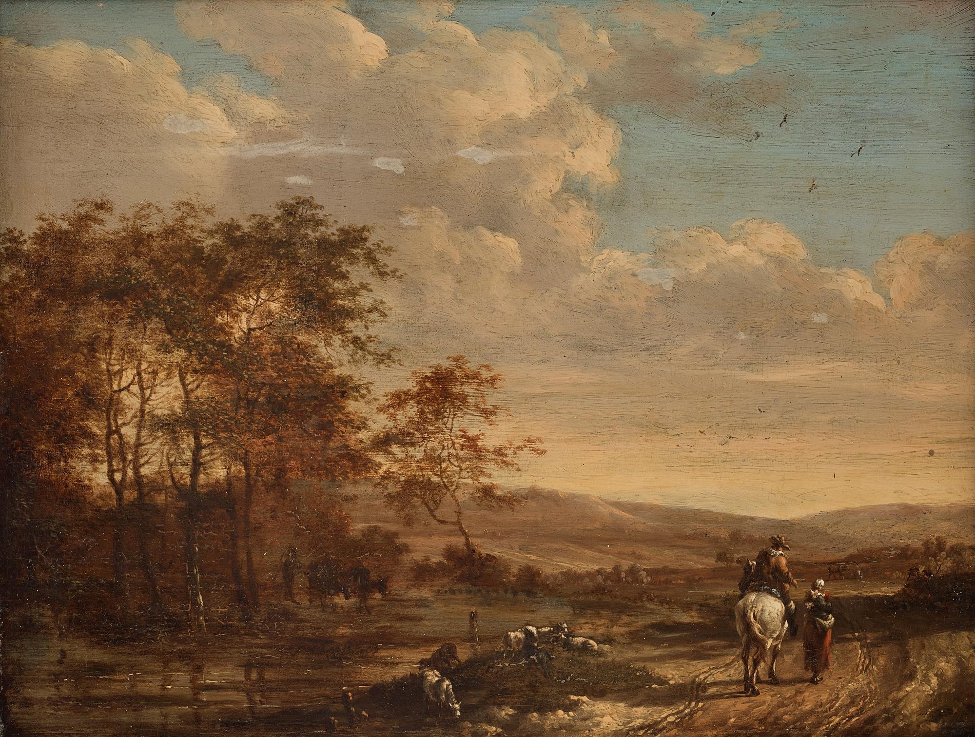 Jan Wynants (Wijnants) Tillskriven, Landskap med figurer, boskap och ridande sällskap.