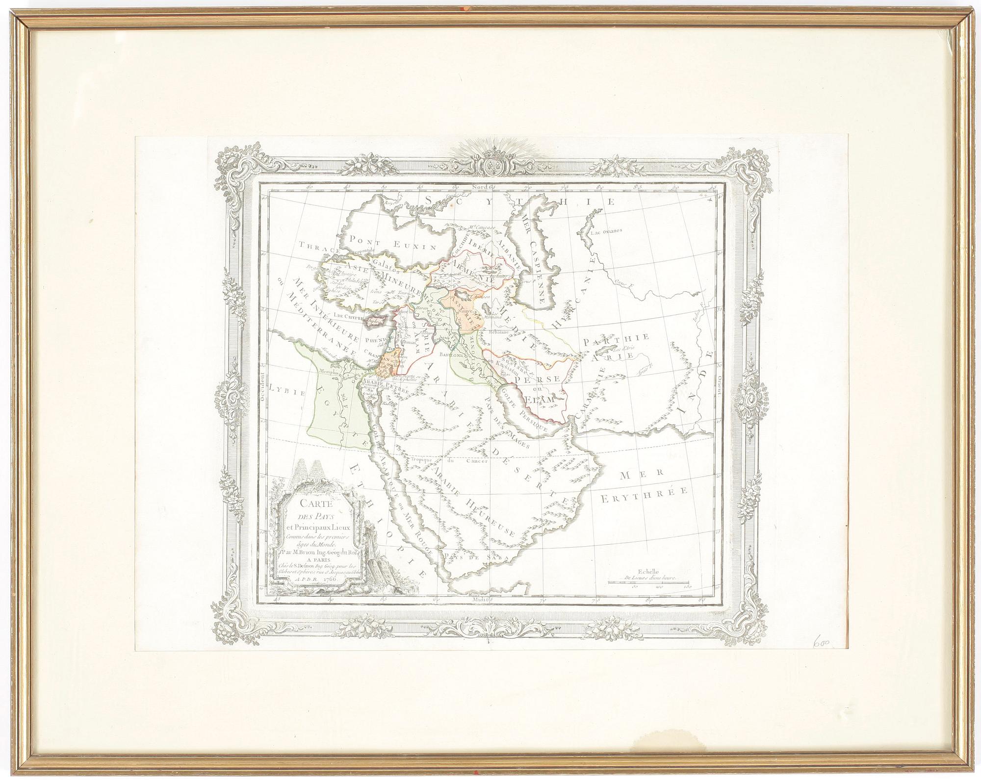 KARTA, handkolorerad etsning, Persien, Brion de la Tour, publicerad av Desnos, daterad 1766 i plåten.