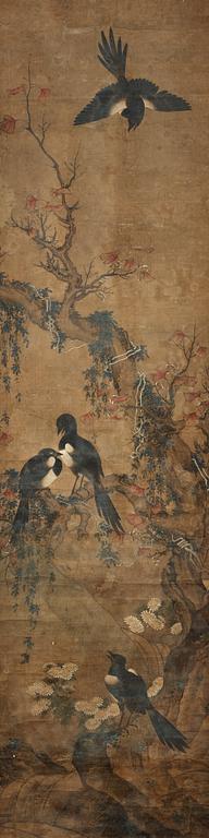 MÅLNING, okänd konstnär, motiv med skator. Qingdynastin, troligen 1700-tal.