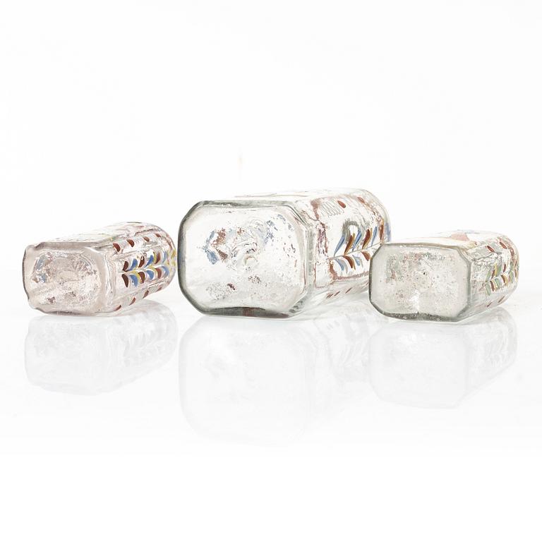 Three glass bottles, possibly Germany, 19th century.