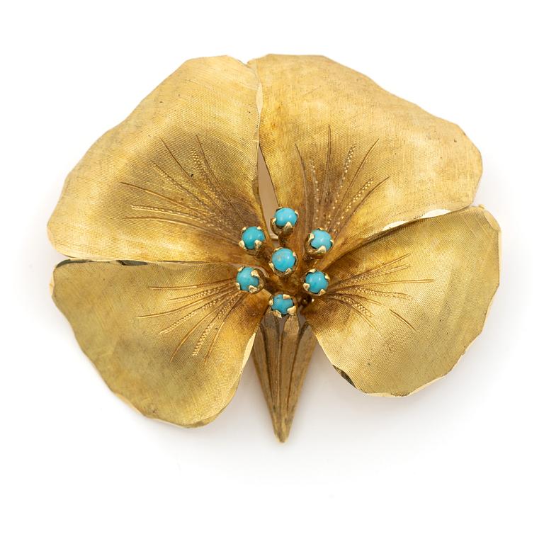 Brosch, 18K guld i form av blomma med turkoser.