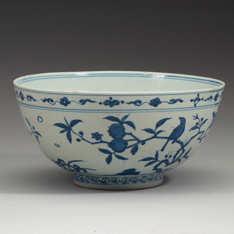 A large blue and white 'parrot and pomegranate' bowl, Ming dynasty (1368-1644).