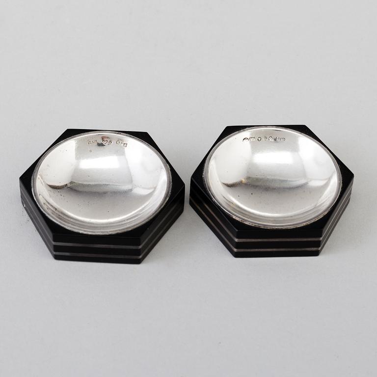 Two salt cellars silver and bakelite by Eric Pihlgren for GAB, 1934, 1940 and 1944.