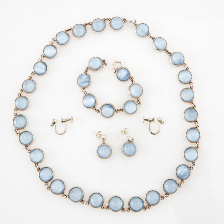 Necklace, bracelet, and earrings silver with glass, Mattsson & Olsson Malmö 1957.