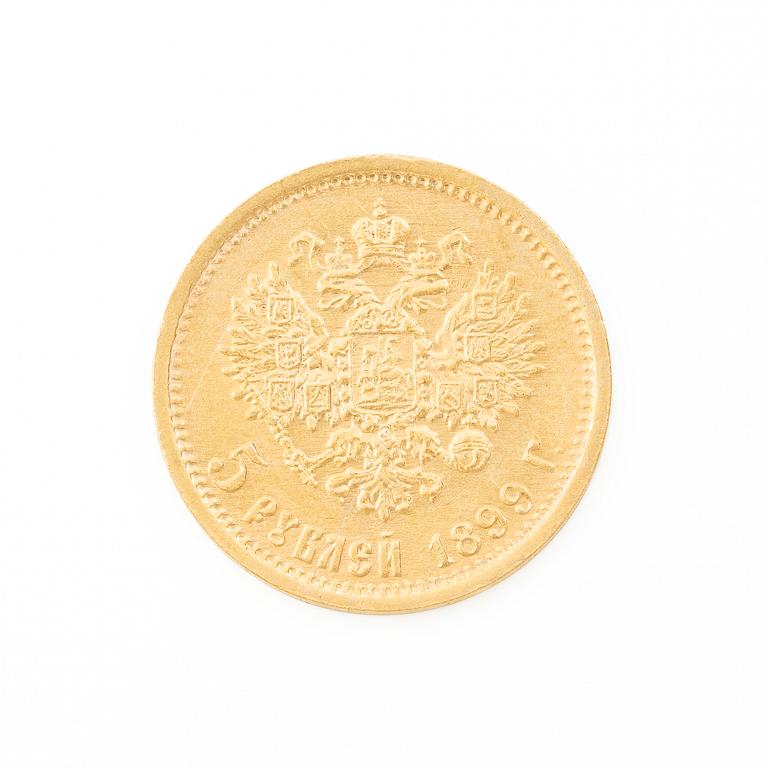 Gold coin, Nicholas II, Russia, 5 Rubles, 1899.