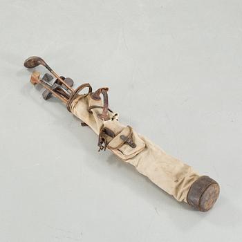 Seven golf clubs with bag, clubs by by "J Winton" & "Josh Taylor",, first half of the 20th century.