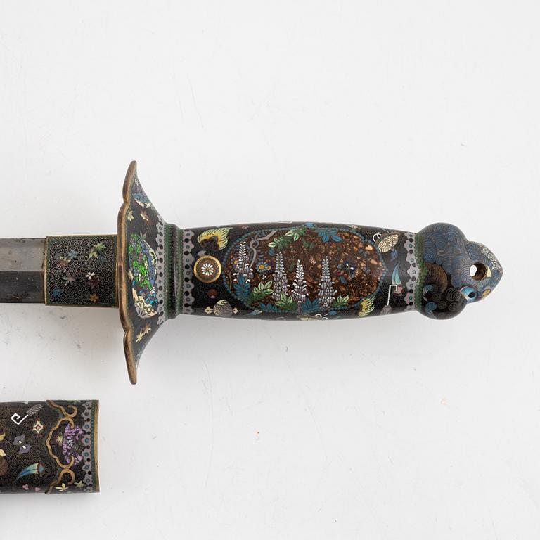 A japanese Ken-style sword with scabbard and handle in cloisonne with floral and animal motives, probably Meiji period.