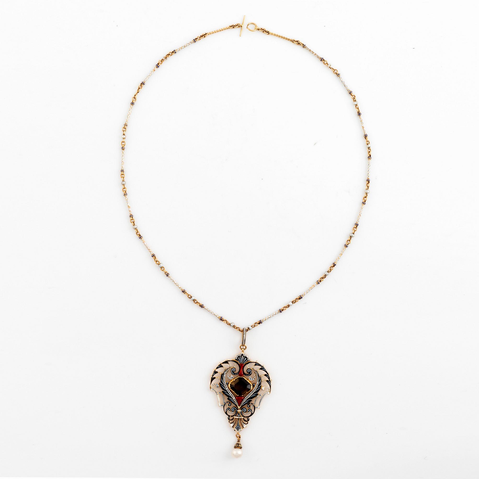 A C Giuliano 18K gold and enamel necklace set with a  faceted tourmaline and a pearl.