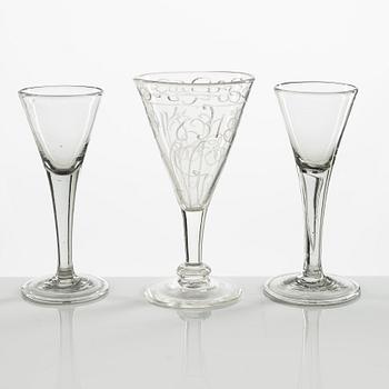 A set of three Swedish wine glasses, 18th/19th century.