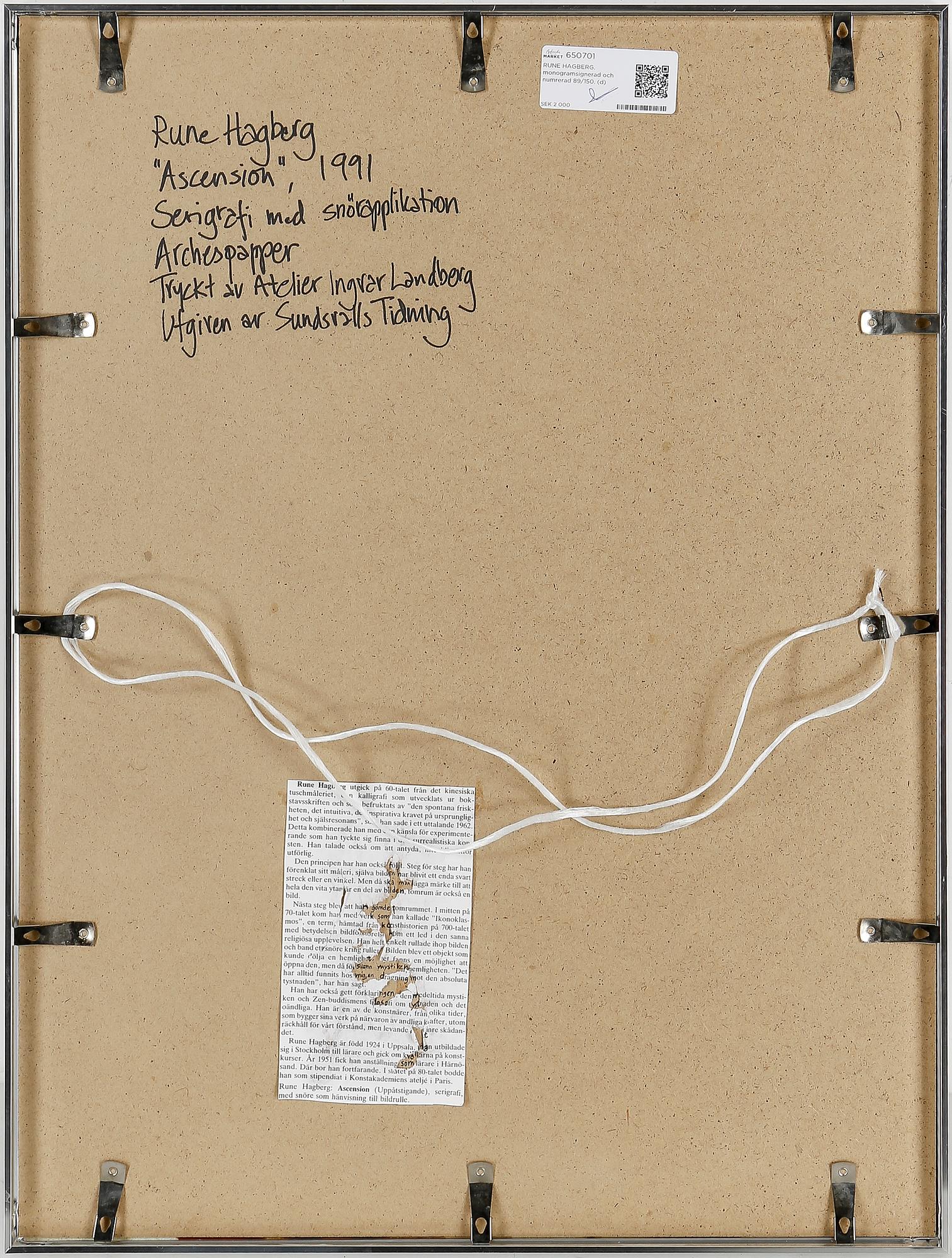 RUNE HAGBERG. monogramsignerad och numrerad 89/150.