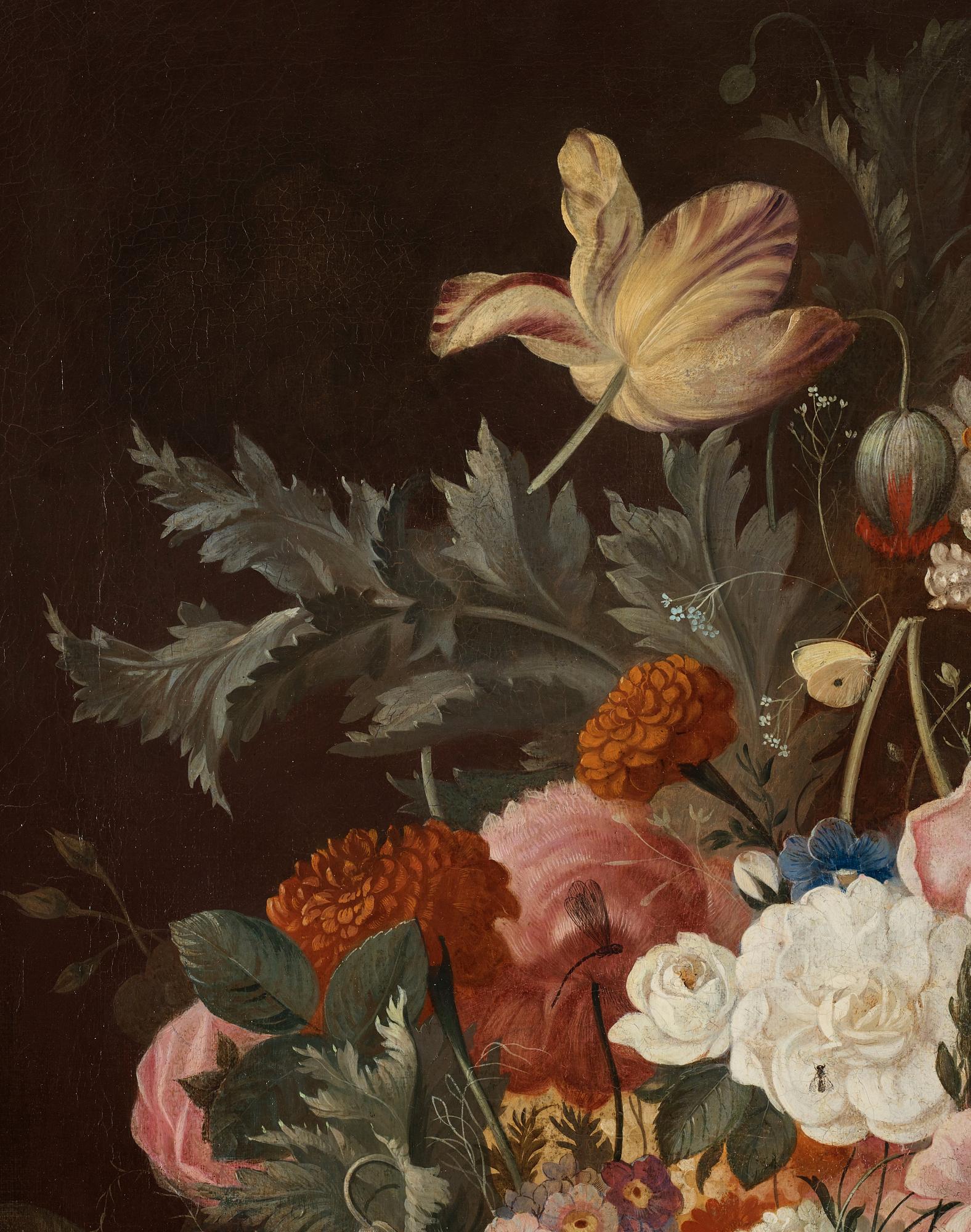 Jan van Os Tillskriven, Blomsterstilleben med gul fjäril och slända.