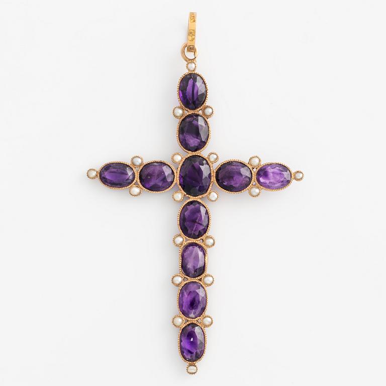 Pendant, cross, gold with amethysts and seed pearls.
