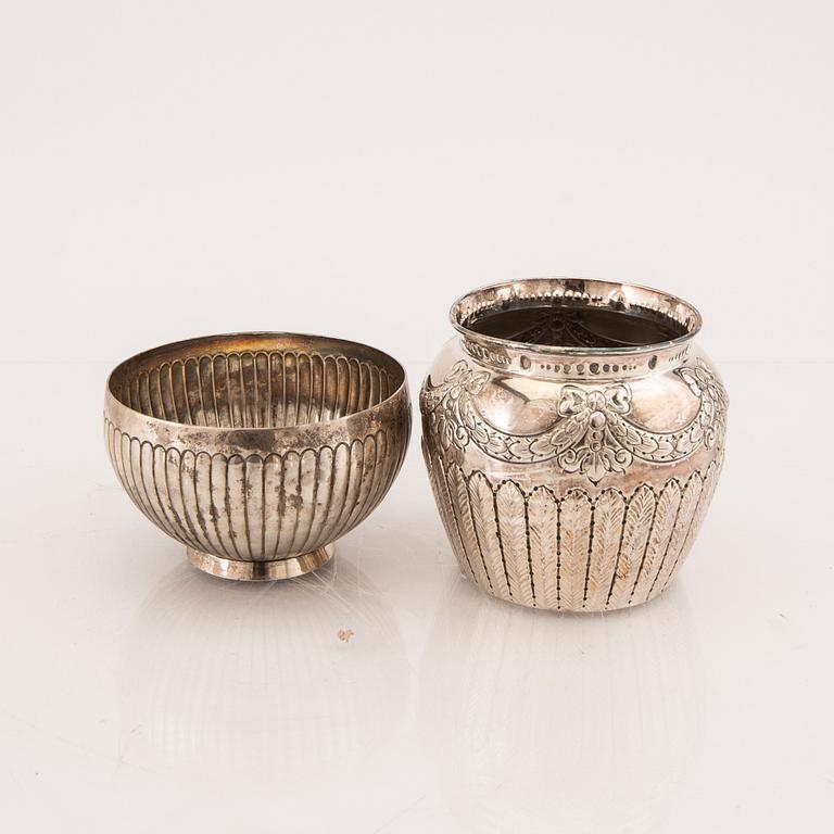 A set of five silver vases and bowls 20th century.