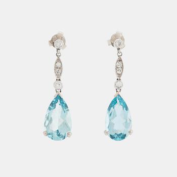 383. A pair of 18K white gold and aquamarine drop earrings set with round brilliant- and eight-cut diamonds.