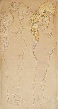 404. Auguste Rodin, Two studies of a nude figure combing her long blonde hair.