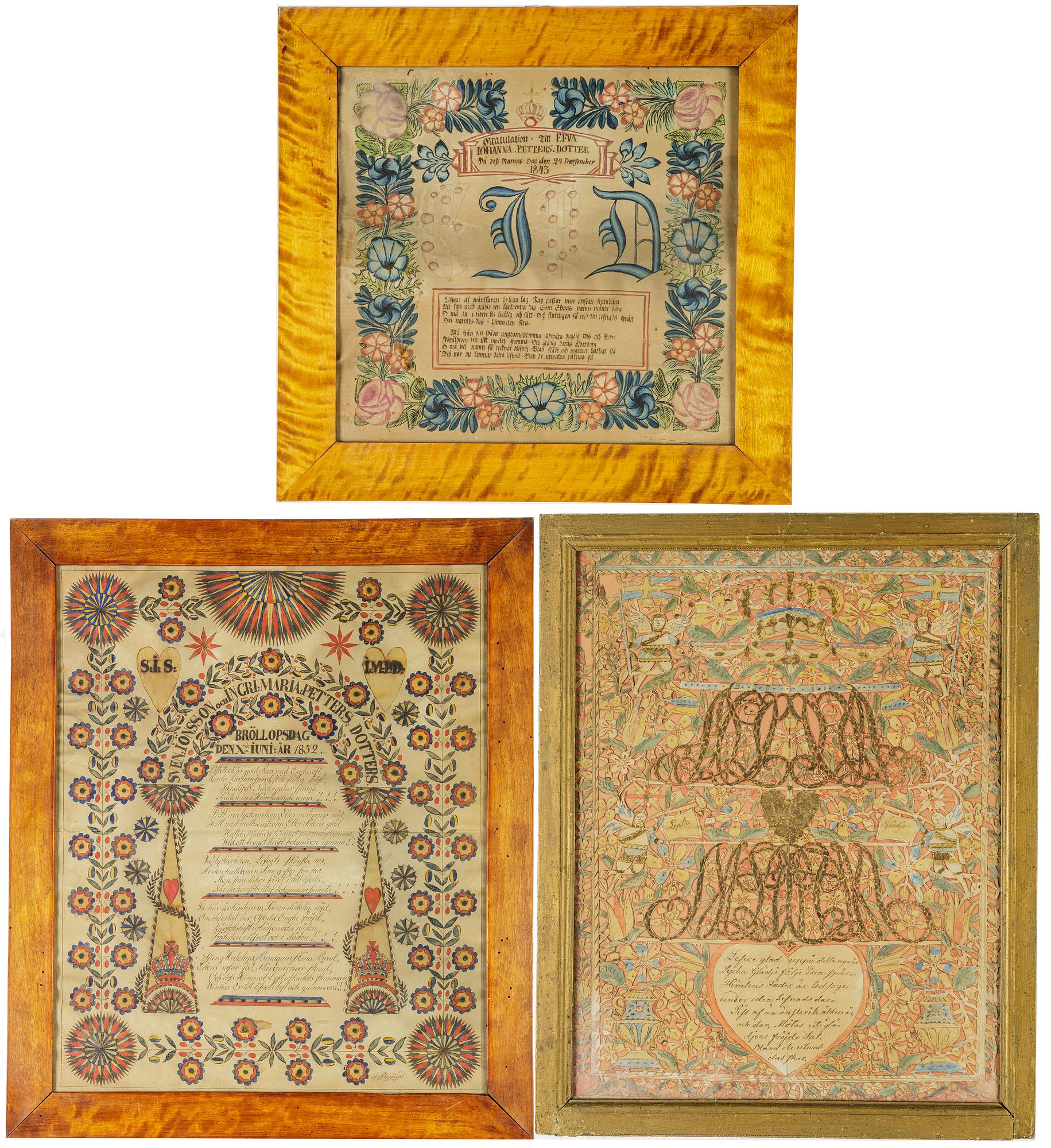 A set of three folk art commemorative paintings, 19th century.
