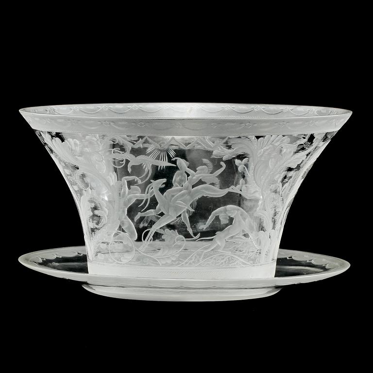 A Simon Gate 'Swedish Grace' engraved glass bowl with stand, Orrefors 1928, model nr 128.