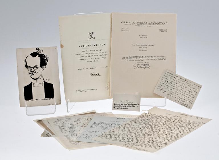 PARTI BREV SAMT DOKUMENT, ca 16 st, bla Albert Engström, Märta Måås-Fjetterström och Evdvard Hald. 1900-tal.