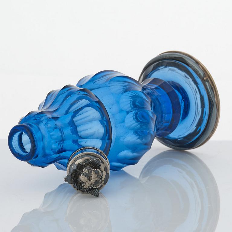 A Swedish Rococo blue glass and silver bottle, marked Lorenz Vick (Ulricehamn 1766-1808).