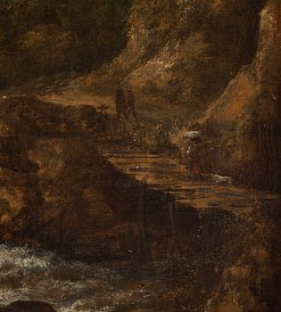 Jacob van Ruisdael, Landscape with waterfall and a castle on a cliff.