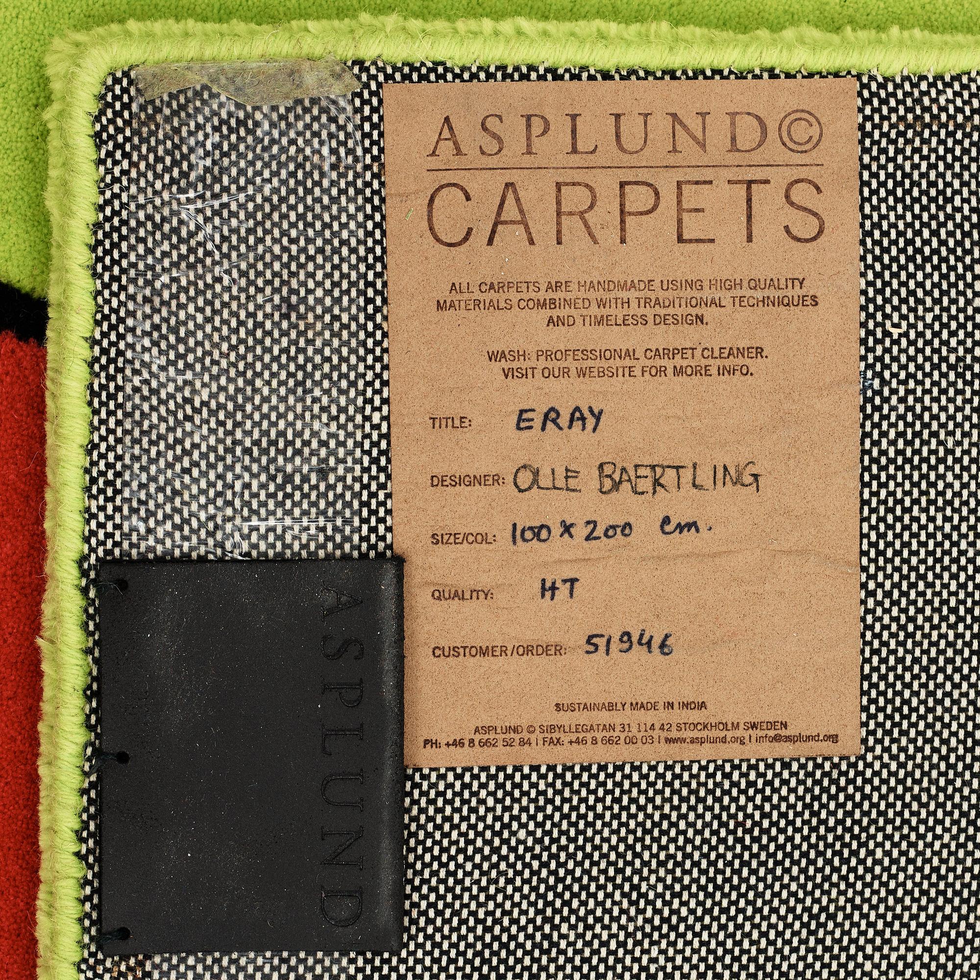 Olle Baertling, MATTA, "Erey", handtuftad, Baertling/Asplund, ca 199 x 100,5 cm.