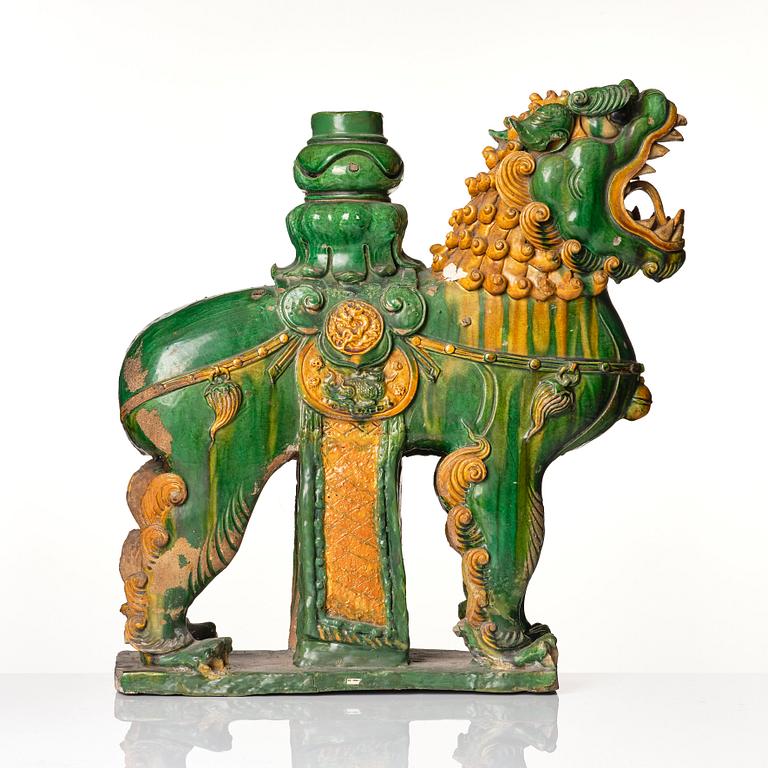 A massive green and yellow glazed joss stick holder, Ming dynasty (1368-1644).