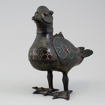 A Japanese bronze and cloisonné censer in the shape of a bird, 20th Century.