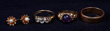 PARTI SMYCKEN, 5 delar, 18 K guld, pärlor samt ametist, bl a Alton, 1900-tal. Ca 17 g.