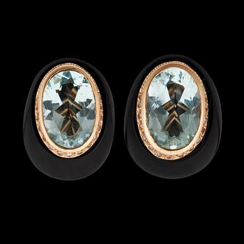 994. A pair of onyx and aquamarine and diamond, circa 0.30 ct, earrings.