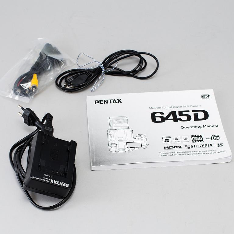 A black body medium format Pentax 645D camera with a SMC Pentax-D FA 645 55mm F2.8 AL [IF] SDM AW lens.