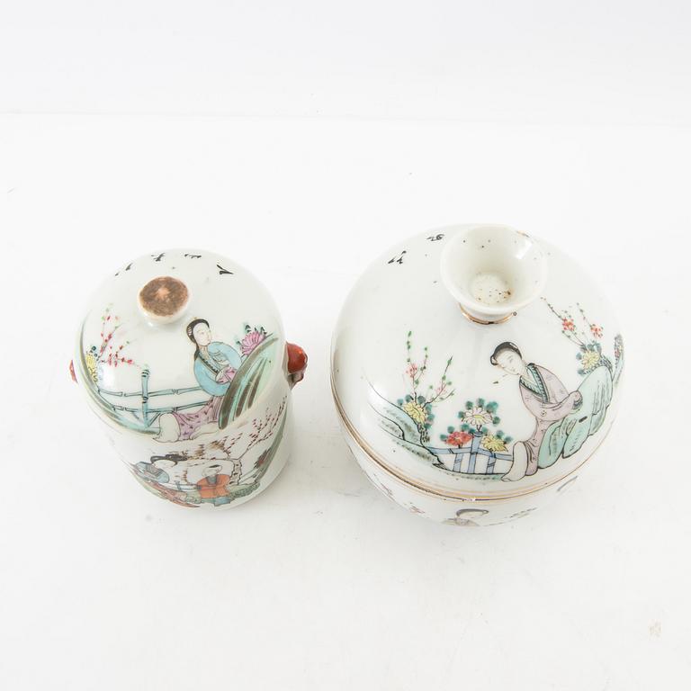 Vases, 2 pcs, and a box with a lid, 2 pcs, China, 20th century.
