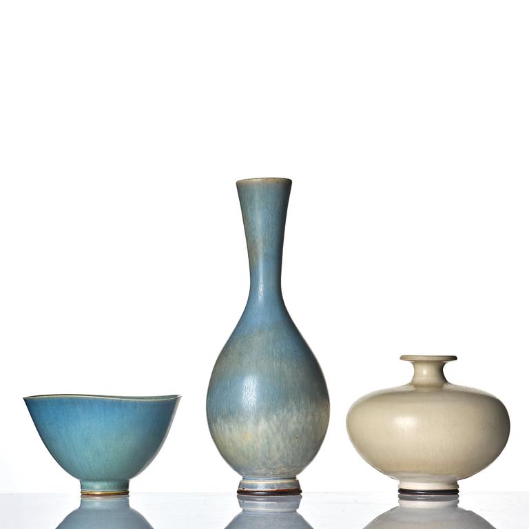 Berndt Friberg, vaser, 2 st och skål, Gustavsbergs studio 1955, 1978 och 1979.