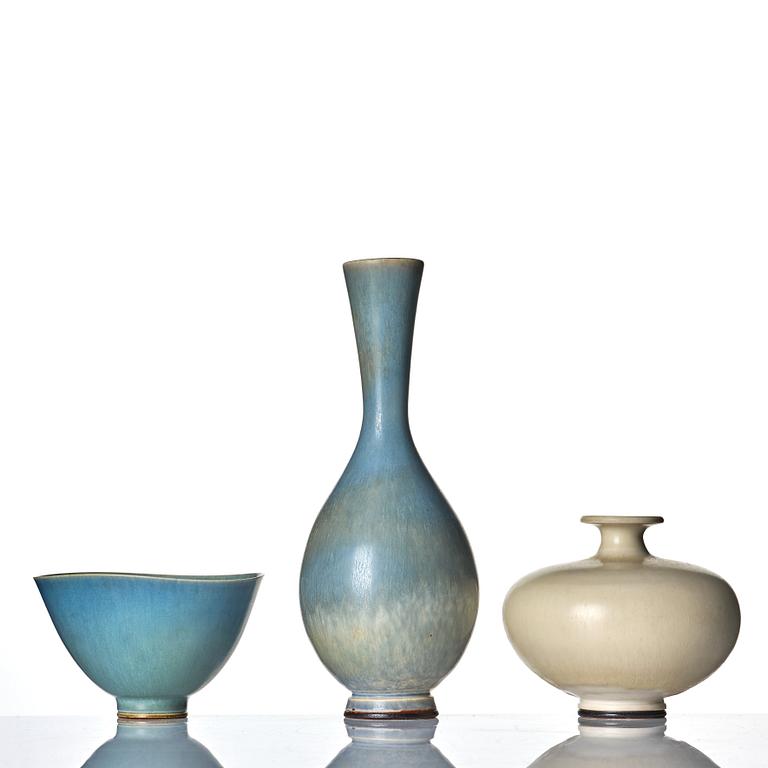 Berndt Friberg, two stoneware vases and a bowl, Gustavsberg studio, Sweden 1955, 1978 and 1979.