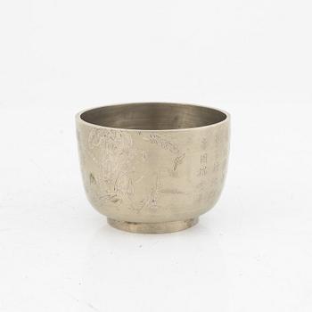 A stone placque and a metal cup, late Qing dynasty.