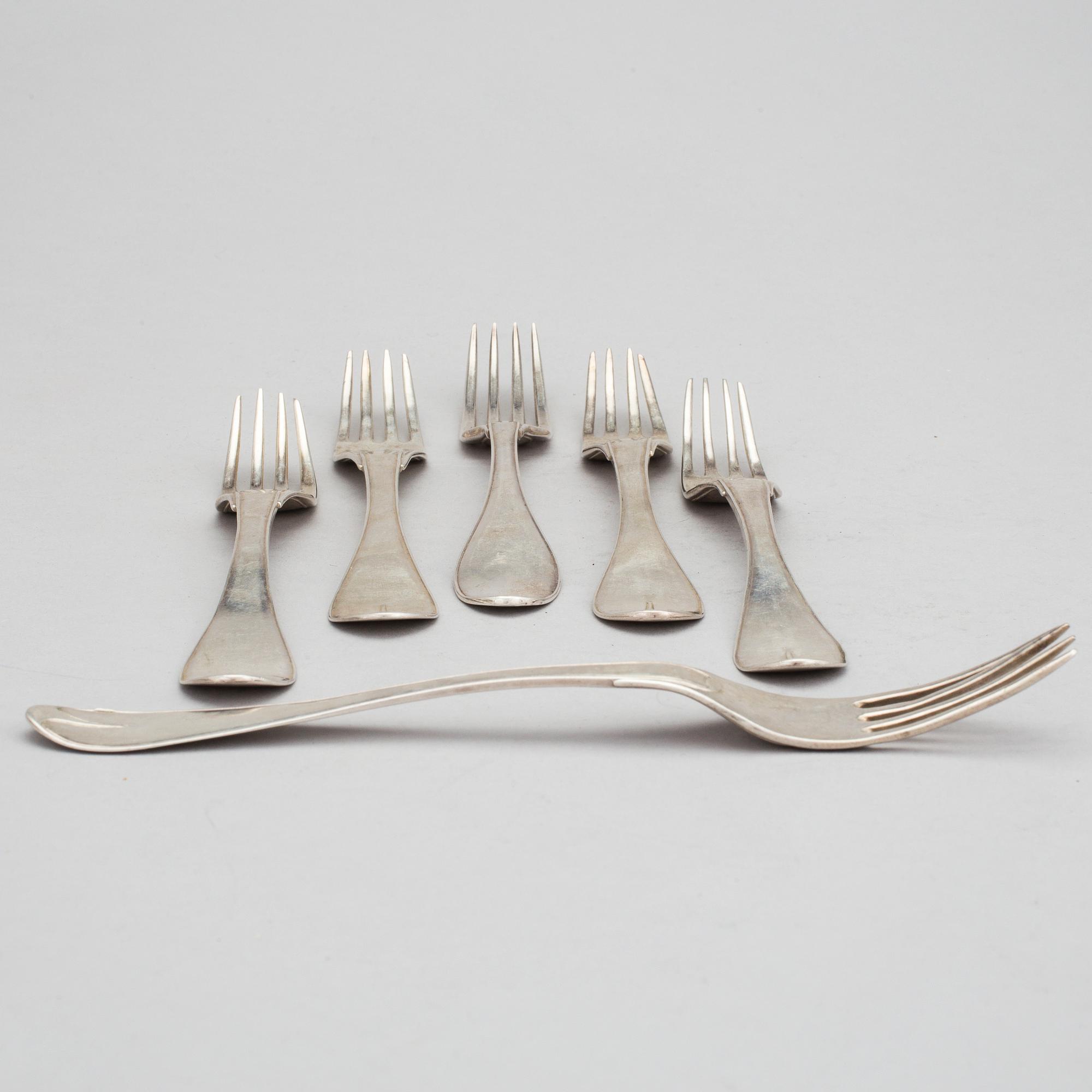 GAFFLAR 6 stycken, silver, bland annat Jonas Troselius, Stockholm, 1802. Vikt ca 386 gram.
