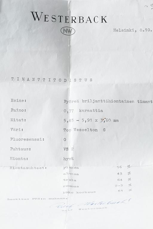 RING, med två briljantslipade diamanter totalt ca 0.77 ct samt 0.50 ct, Tillander, Helsingfors, 1978.