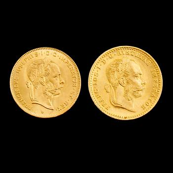 GULDMYNT, 2 st, Österrike-Ungern, 1892 och 1915. Vikt ca 7 gram.