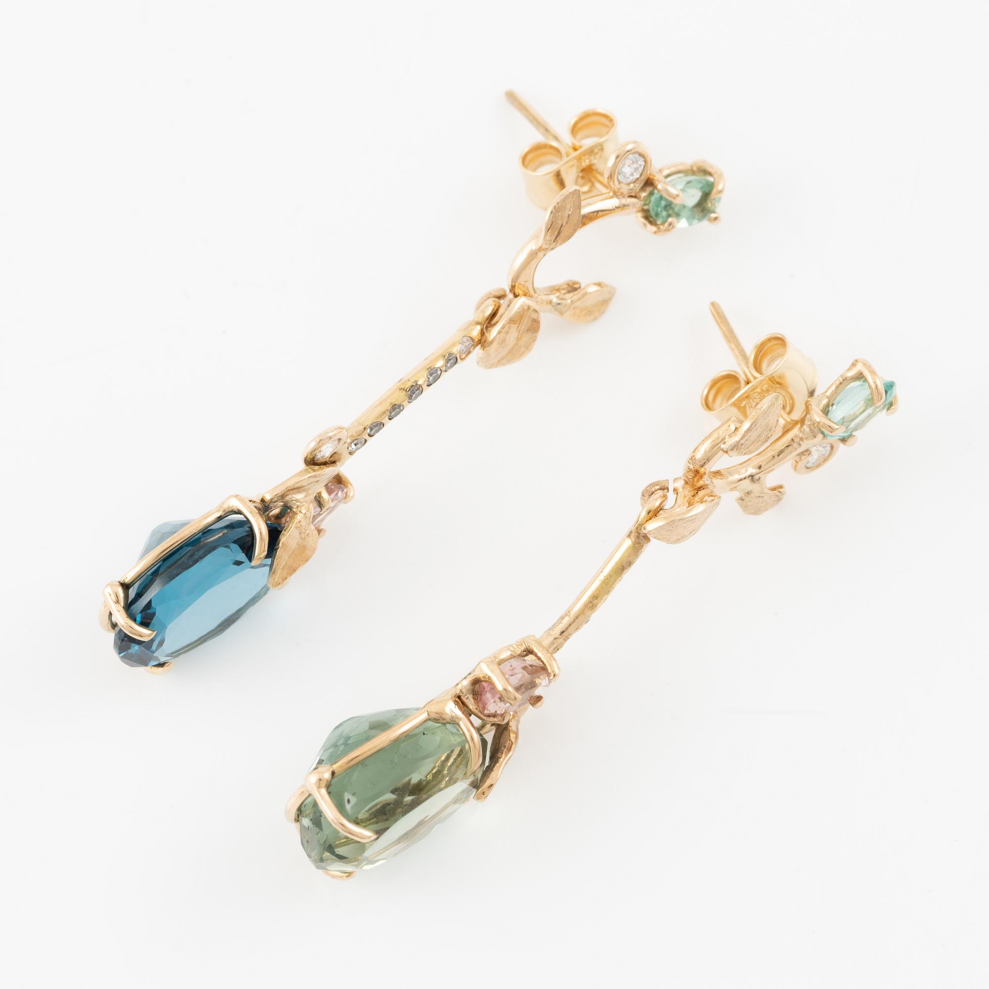 Earrings 18K gold with green quartz, blue topaz, apatite, and tourmaline and diamonds.