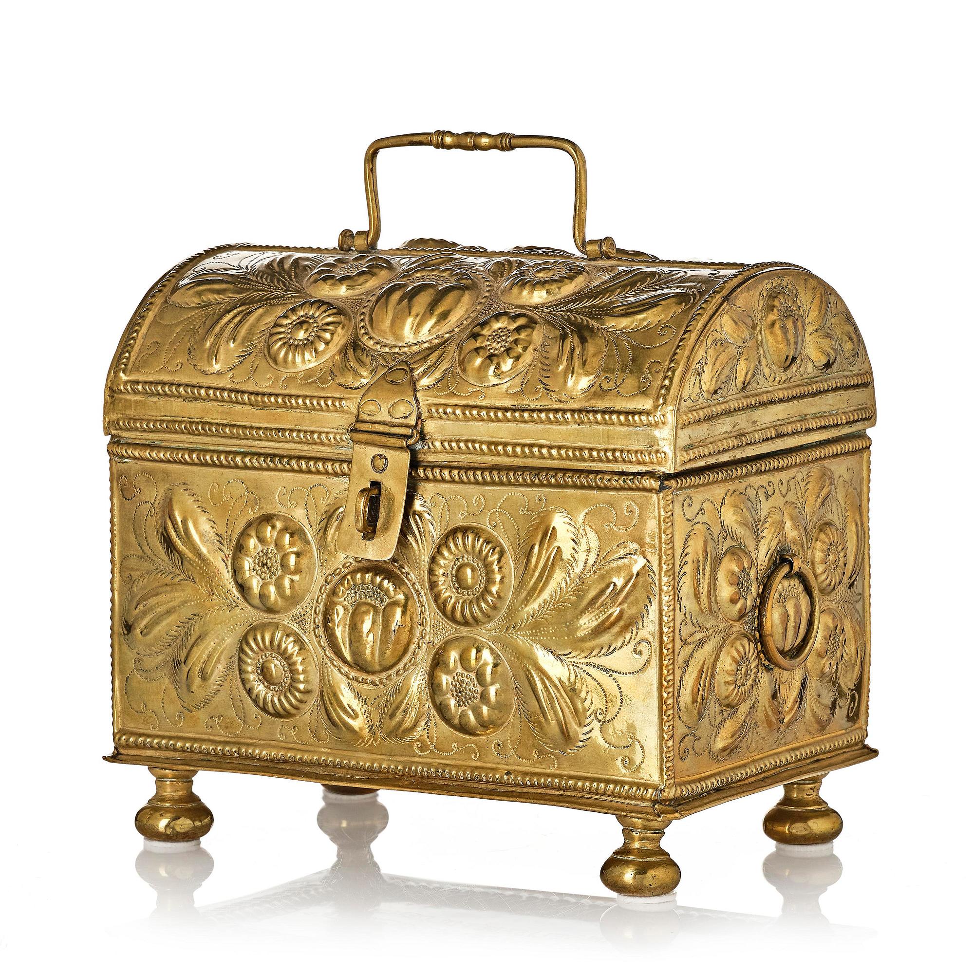 A Swedish baroque repousse brass box, dated 1707.
