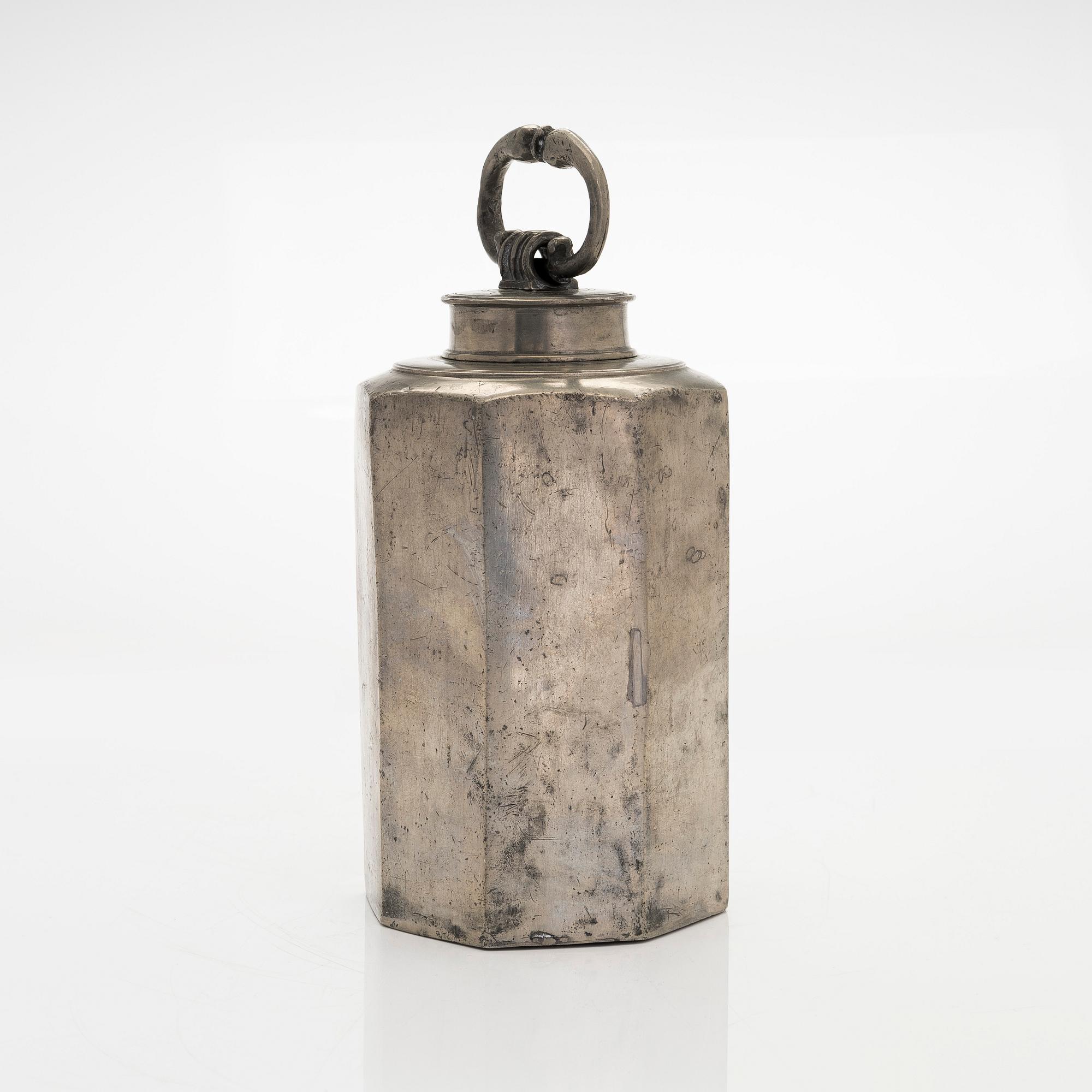 A pewter bottle, maker's mark of Daniel Rising, Turku, Finland, late 18th Century.